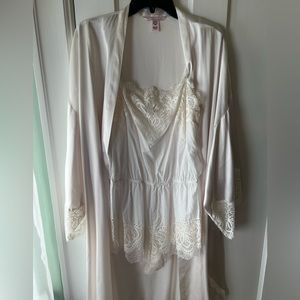 Beautiful silk robe and spaghetti strap shorts romper for bride or bachelorette